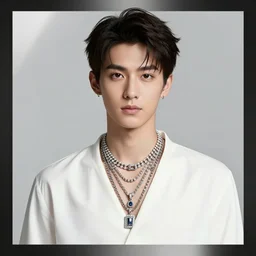 a professional character model sheet of a very handsome young man wearing excessive jewelry in a tasteful way