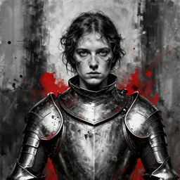 close portrait of the young french warrior joan of arc in armor, with a dirty face, dramatic, splatter painting, black and white and red, trending on artstation, by christophe young, by wlop, by greg rutkowski, by raymond swanland