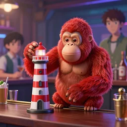 hero world atari, red orangutan holding and shake detailed lighthouse toy as cocktail shaker at bar, behance hd by jesper ejsing, by rhads, makoto shinkai and lois van baarle, ilya kuvshinov, rossdraws global illumination
