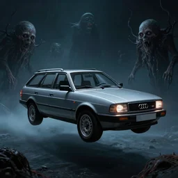 Audi 80 B3 Avant (1988) floating in the void, a horror sci-fi, dramatic lighting, cinematic, eldritch horrors floating through space, establishing shot, extremely high detail, photorealistic, cinematic lighting, artstation, by simon stalenhag