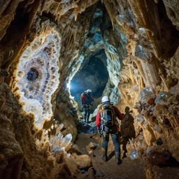 photorealistic fantasy digital art of spelunkers in caving gear exploring a narrow beautiful cave full of gleaming geodes, crystals, and gemstones.