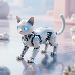 a modern cybernetic cat, on the floor made from porcelain and steel, insane reflexions, glowing blue lights, pastel colored, daylight, peaceful, 8 k, octane render