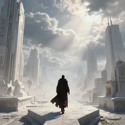 blood mage walking on a cyberpunk city, buildings made from white stone, wide angle looking at sky, misty, metropolis, gorgeous clouds, god ray, soctane render, ureal engine, high detail, alphonse mucha, greg rutkowski, james gurney, johannes voss