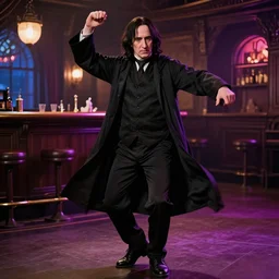 Severus Snape dance in a bar, neon, realistic, full body, very detailed, super realistic