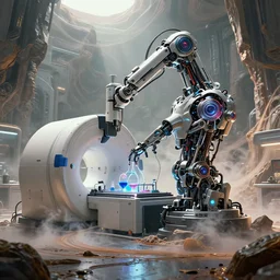 ( cyberpunk 2 0 7 7, bladerunner 2 0 4 9 ), a complex thick bifurcated robotic cnc surgical arm cybernetic symbiosis hybrid mri 3 d printer machine making a bio chemical lab, by wlop, mars ravelo, greg rutkowski and sparth, biomechanical, lens orbs, global illumination, lounge, architectural, geological strata, ground mist swirling vortexes, granular detail, f 3 2,