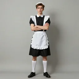 full body painting of grumpy handsome thin beautiful young man in his 2 0 s named min - jun in a modest french female maid outfit and crossing his arms, modern clothing, elegant, clear, painting, stylized, sharp facial features, pouty, highly detailed, art, art by alphonse mucha