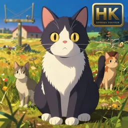 portrait of a cat, farm field background, rich vivid colors, ambient lighting, dynamic lighting, 4k, HQ, official media, anime key visual, makoto shinkai, ilya kuvshinov, lois van baarle, rossdraws, detailed, trending on artstation