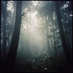 beautiful misty wood, sunlight morning in jungle, 4 5 degree light, mystic, melancholy, pinhole analogue photo quality, lomography, blur, unfocus, cinematic, foil effect, holographic effect, monochrome
