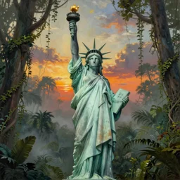 statue of liberty reclaimed by the jungle , surrounded by tall vines in oversized misty jungle, dramatic sunset and dramatic sky , very detailed oil painting by frazetta, low angle, postapocalyptic panorama.asthetics !