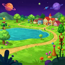 in a park and next to a lake, in a small town on an alien planet, with strange alien plants and flowers, from a space themed Serria point and click 2D graphic adventure game, made in 1999, octane render, pixar style