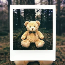 polaroid of a teddy bear in the woods