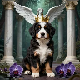 alpha bernedoodle puppy with a gold crown by alex grey + orchids dripping black iridescent liquid, winged victory, moody, dramatic, confident, serene forest setting, 3 5 mm, marble columns in background, transcendent, vibrant color, ornamented, clean linework, finely detailed, 4 k, rule of thirds, trending on artstation, photorealistic, volumetric lighting, octane render