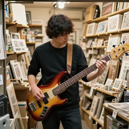 David Bull playing bass guitar in his Japanese print making shop in Tokyo, 4k, DSLR photo
