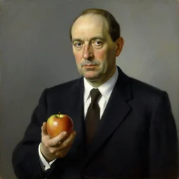a painting of valery giscard d'estaing holding an apple, in the style of magritte