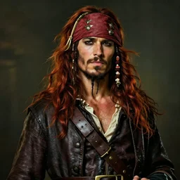 portrait painting of a 3 0 years old rugged masculine muscular male seductive pirate mirthful expression long long hair soft hair flowing hair crimson hair flirty wink upper body only chest hair long coat elegant rugged handsome unreal render cinematic lighting art 1 9 2 0 period drama by bussiere rutkowski andreas rocha
