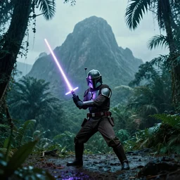 35mm film still jedi mandalorian training with laser sword on an epic mountain, blade runner set in a rainy tropical forest, cool colors, moody, by Alex grey