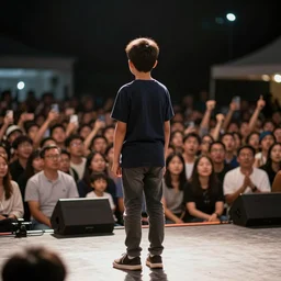 Boy standing on the stage, a lot of people around, at night, ultrarealistic, HD, 8K, photorealism,