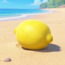 a lemon relaxing on a beach, pixar