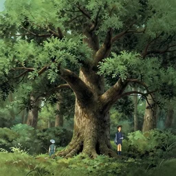 a geant oak tree in a forest, studio ghibli by tim hildebrandt, michael whelan, background environment. sharp. desaturate. 8 k