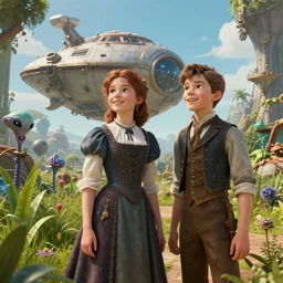 in a steampunk world, a girl and a boy standing next to some alien plants, looking happy, wearing victorian clothes, in front of their space ship, in a park on a alien planet, ultra realistic facial details, ultra photorealistic raytracing, trending on artstation, 8k