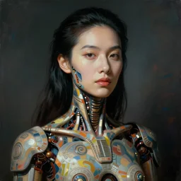 A Mayan cyborg, portrait, by Nam June Paik, Man Ray, Annie Liebovitz
