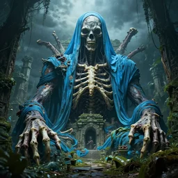 corrupted colossal eldritch giant, wrapped in beautiful cerulean cloth, buried ancient city, jungle, haunting face, ribcage, teeth, bones, ominous sky, global illumination, creepy, hyper - realistic, insanely detailed and intricate, cinematic 8 k