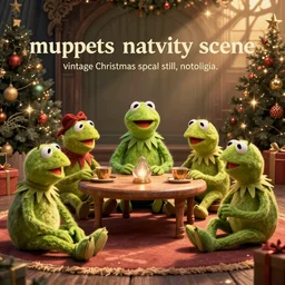 “muppets nativity scene where everyone is kermit, vintage christmas special still, nostalgia”