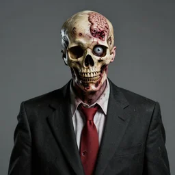 highly detailed zombie with half his head brain out of the skull one falling eye no jaw dirty shredded clothes black suit red tie, highly detailed, centered, realism, provided by unreal engine, artstation, art, 1 9 4 0's photography, kodak, canon