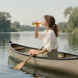 “ a girl sitting in canoe on a river drinking beer, john siner sargent ”