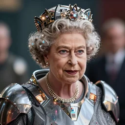 old! queen elizabeth! in futuristic battle armor, face! visible, face visible, face visible, glowing lights, detailed, realistic, intricate, trending on artstation