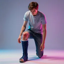 a young man, short brown hair, with a broken leg, hyperrealism, volumetric light colorful painful