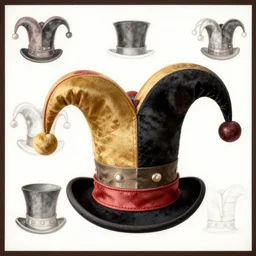 clothing design ideas, concept sheet, jester crown tophat,