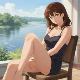 girl with brown hair sitting on a chair, hand on her legs, scenic view of river, in the style of ilya kuvshinov, high definition anime art, gorgeous, sexy, hot
