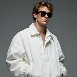 detailed attractive characther portrait of evan spiegel wearing oversized nilon white luxury jacket and wearing sunglasses, realistic, wide angle, dramatic light 8 k