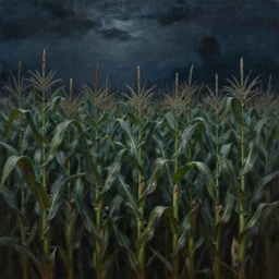 fantasy oil painting, a cornfield, night, dnd, spooky, highly detailed, by jeff easley and larry elmore and tim hildebrandt, 4 k, 5 0 mm