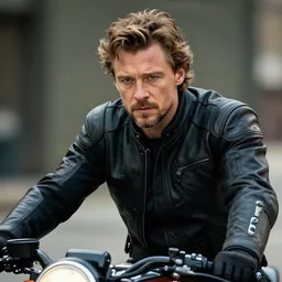 Jamie Dornan in a motorcycle biker costume, highly detailed, detailed face, cinematic, professional photograp
