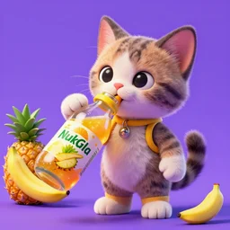 little kitten happily drinking a bottle of delicious pineapple & banana flavoured nuka cola, unreal engine, retro futurism, dieselpunk, 3 d art, concept art, highly detailed, pop art, by artgerm and jakub rozalsky