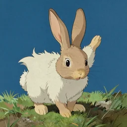 a rabbit with ears down, standing up, by studio ghibli painting, by Joaquin Sorolla rhads Leyendecker, An aesthetically pleasing, dynamic, energetic, lively, well-designed digital art, by Ohara Koson and Thomas Kinkade, traditional Japanese colors, superior quality, masterpiece