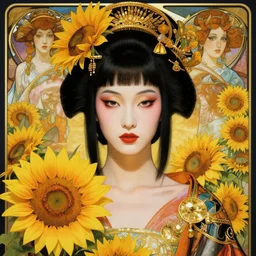 portrait of a beautiful cyberpunk geishan woman with chin leght short hair, beautiful symmetrical face, sunflowers. fantasy, regal, by stanley artgerm lau, greg rutkowski, thomas kindkade, alphonse mucha, loish, norman rockwell.