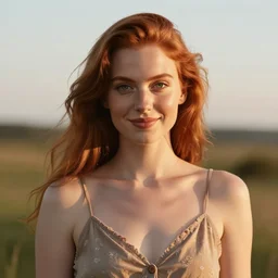 portrait of a beautiful woman with red hair, green eyes, wearing a sundress, smiling at the camera, 4 k, sunrise lighting