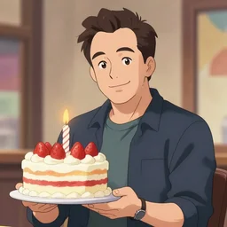 bob odenkirk, smiling, holding a birthday cake, anime art, trending on artstation