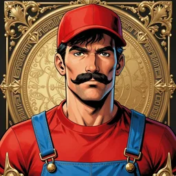 highly detailed vfx portrait of a man with a mustache wearing a red shirt, blue overalls, and a red cap, art by marvel comics, digital illustration, ornate details,