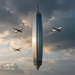 horizontal skyscraper falling through the sky as passenger planes intercept