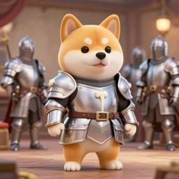 knight bones armor, anthropomorphic shiba inu, in tavern, surrounded by knights, stuning 3 d render, masterpiece, glowing aura, by donato giancola and greg rutkowski and wayne barlow and zdzisław beksinski, realistic face