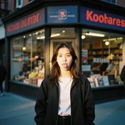kodak portra 8 0 0, film grain, ricoh, street photography, manhattan corner shop, girl portrait, tongue out, youth, evening light,