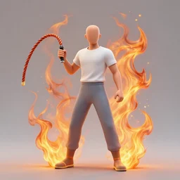 a man holding a whip surrounded by an aura of fire