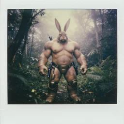 faded! by military archive!! full shot!!!!! big chest!! rabbit armored combat boots holsters uzi sci - fi hulked oversized rabbit barbarian, fog, in deep jungle forest jungle, overcast!!! cinematic focus, old damagaed polaroid photo, vintage, neutral colors, faded!! very soft lights, big overcast, very foggy, full shot by steve hanks, by serov valentin, by lisa yuskavage, by andrei tarkovsky