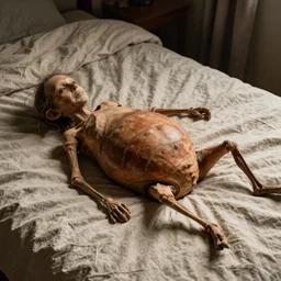 He was lying on his hard, as it were armor-plated, back and when he lifted his head a little he could see his dome-like brown belly divided into stiff arched segments on top of which the bed quilt could hardly keep in position and was about to slide off completely. His numerous legs, which were pitifully thin compared to the rest of his bulk, waved helplessly before his eyes