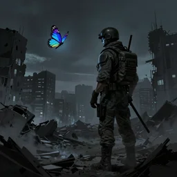 apocalypse's soldier standing in a ruined city watching a colorful butterfly, darkwave, darksynth, concept art, sharp, digital matte painting, art by greg rutkowski, wlop, dramatic lighting, trending on artstation