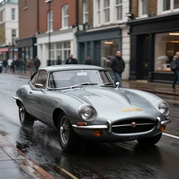 street photography by saul leiter, in a wet london high quality street, award winning photo of an ultra detailed dirty high quality!! jaguar e - type!! car speeding very fast on water, fast shutter speed, motion blur, tiny gaussian blur, highly detailed, highly intricate, depth of field, trending on top gear, forza horizons photo mode